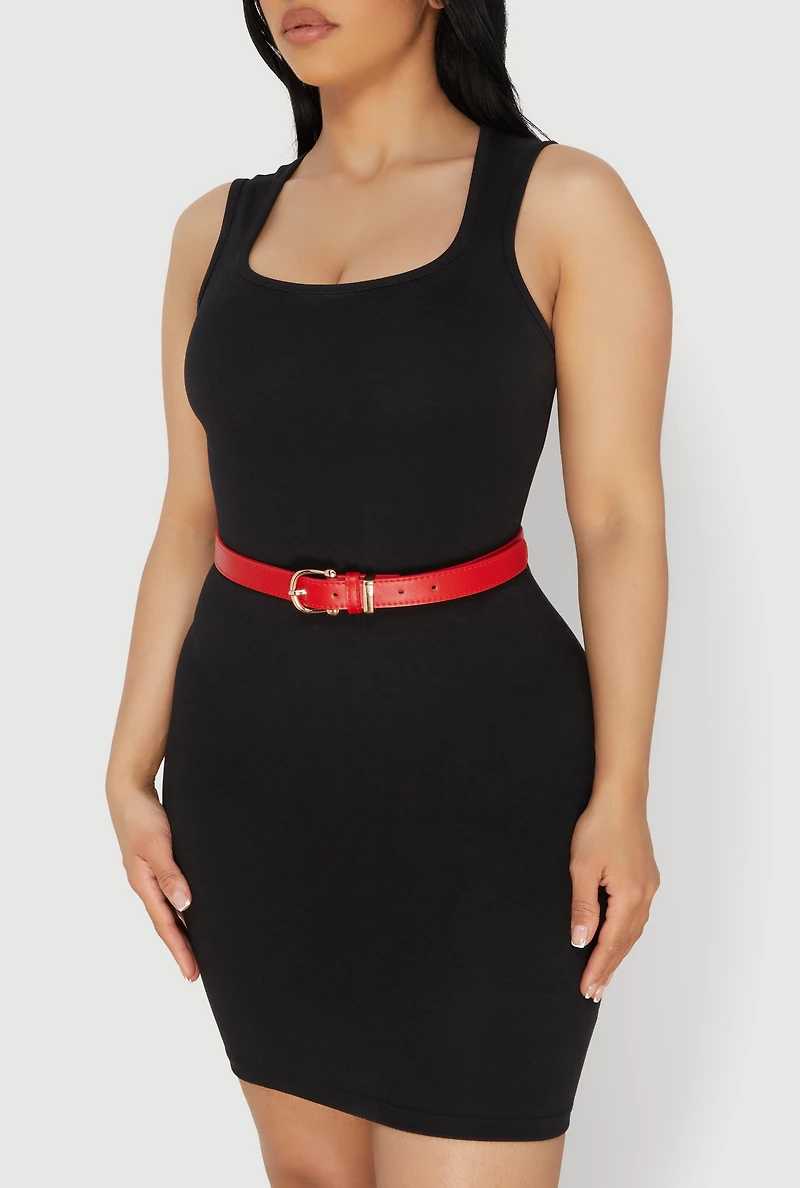 Square Metallic Buckle Faux Leather Belts 2 Pack