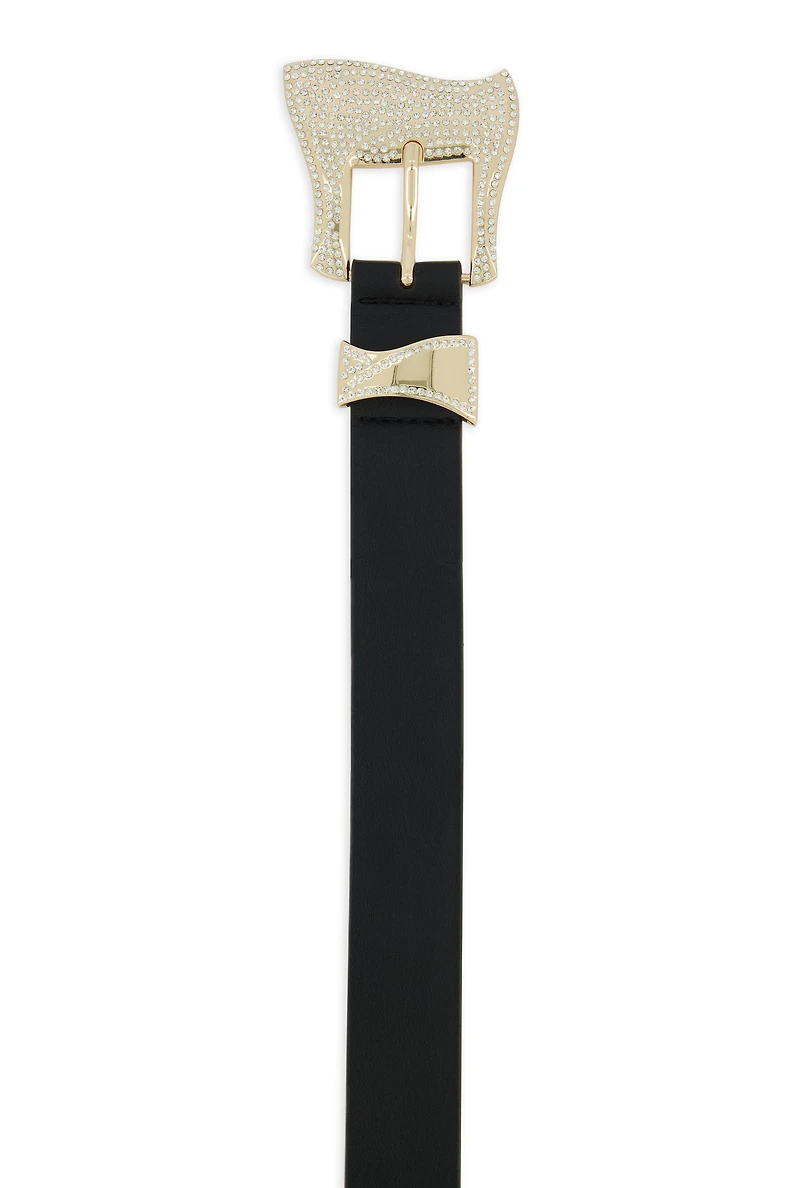 Womens Plus Size Faux Leather Rhinestone Buckle Belt, Black, Size 2X
