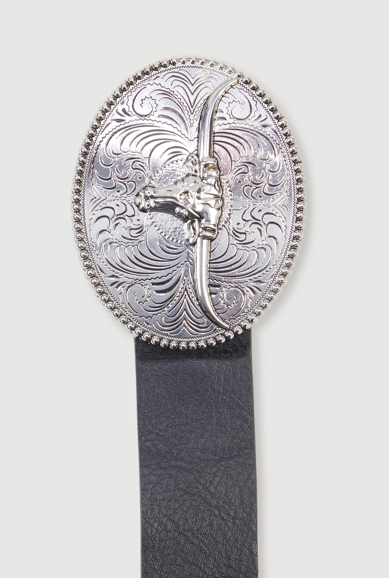 Plus Size Metallic Bull Buckle Faux Leather Belt