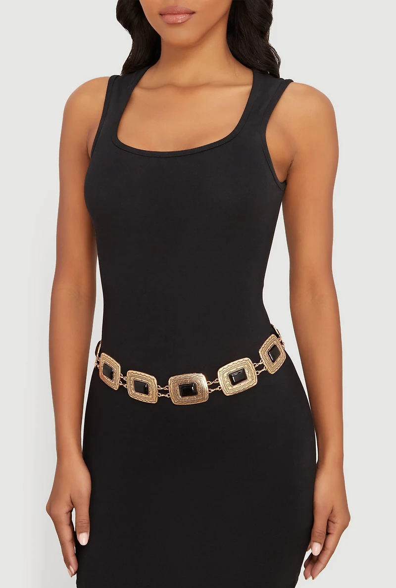 Metallic Trim Gemstone Square Chain Link Belt