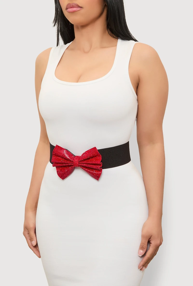 Womens Rhinestone Bow Stretch Belt, M-L
