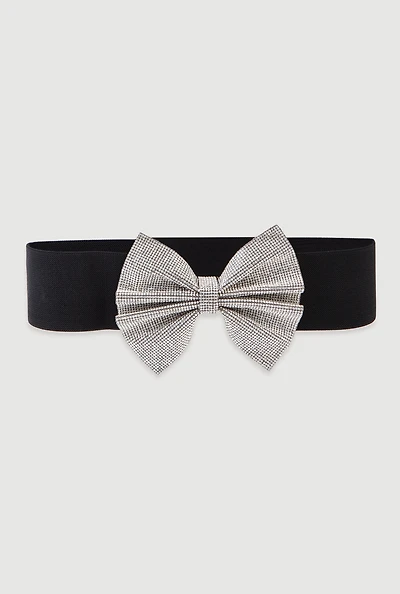 Womens Rhinestone Bow Stretch Belt, Silver, Size M-L