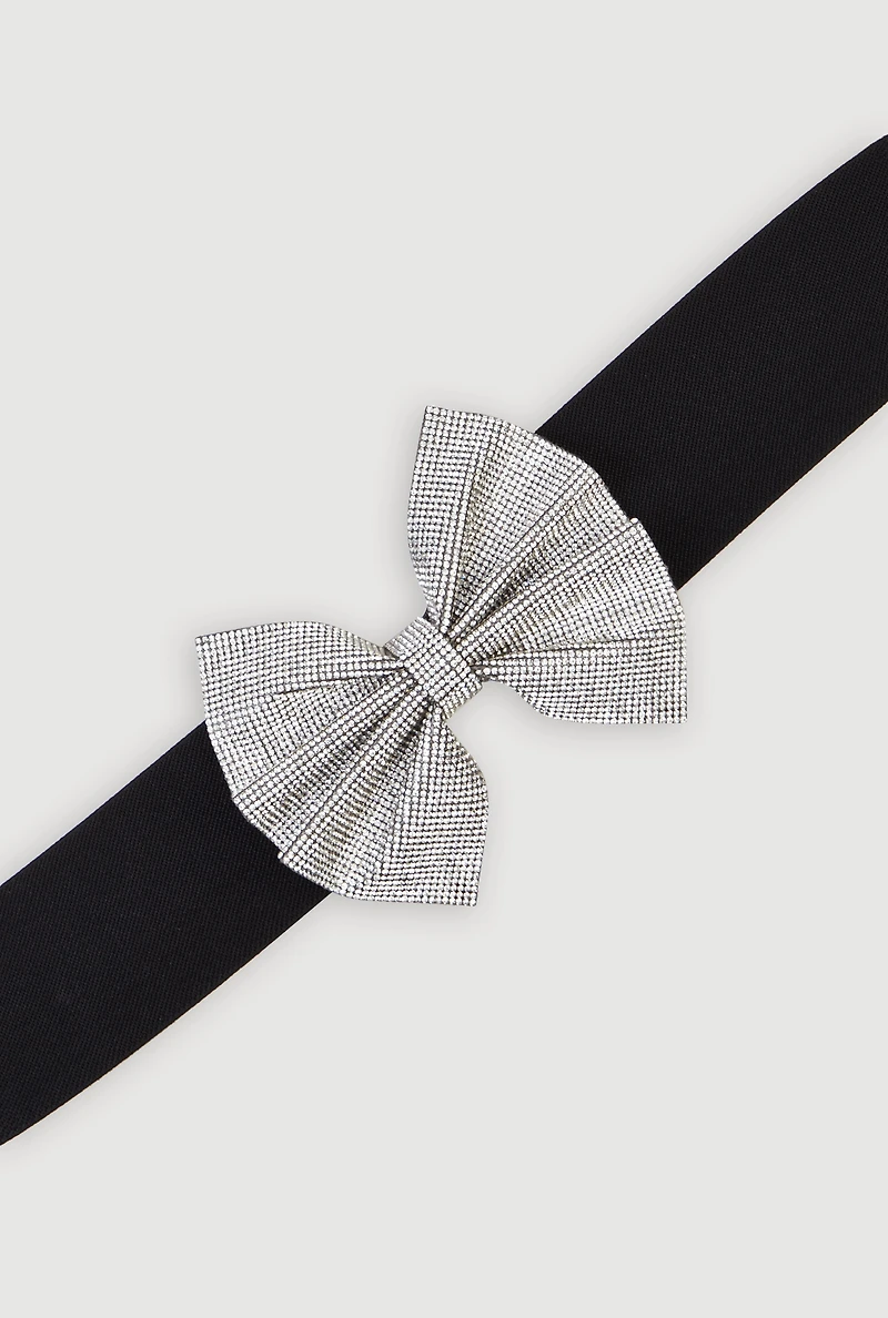 Womens Rhinestone Bow Stretch Belt, Silver, Size M-L