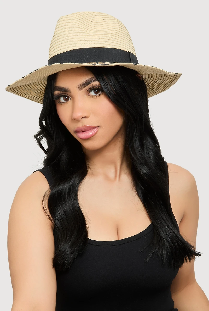 Animal Print Straw Fedora Hat