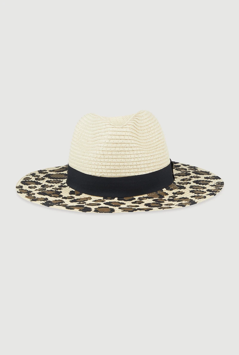Womens Animal Print Straw Fedora Hat, Multi