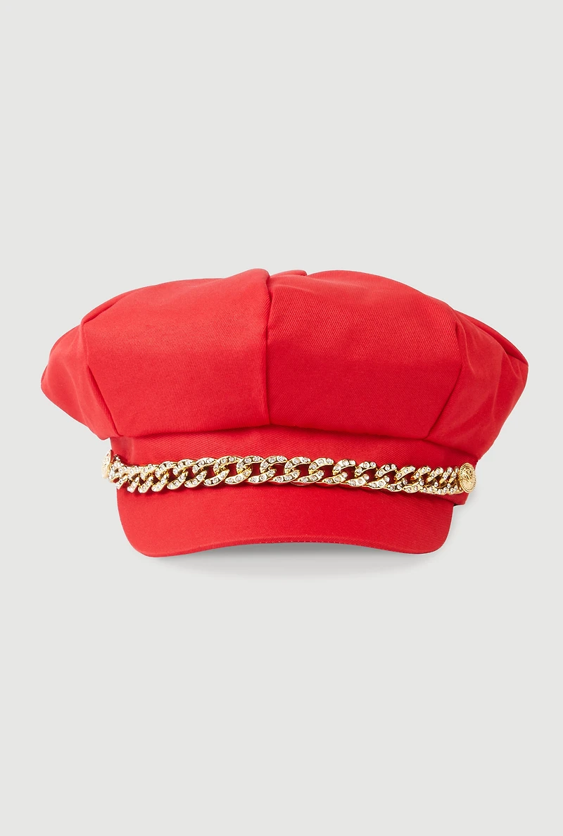 Womens Rhinestone Chain Detail Cabbie Hat, Red