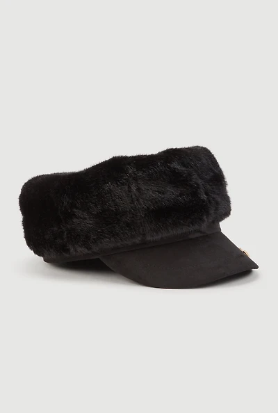 Faux Fur Cabbie Hat with Bow Detail