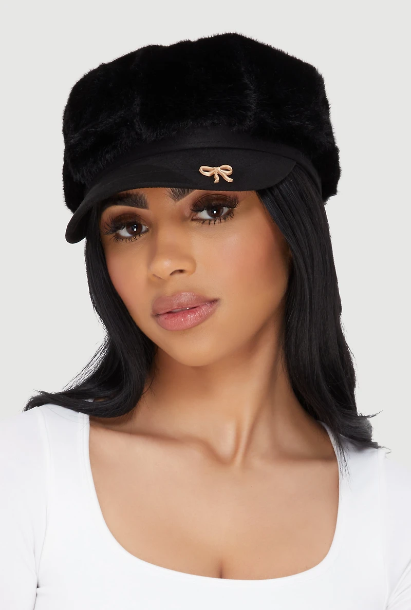 Faux Fur Cabbie Hat with Bow Detail