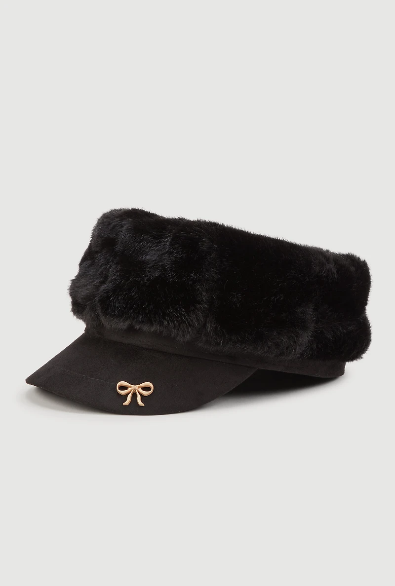 Faux Fur Cabbie Hat with Bow Detail