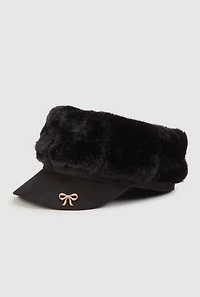 Faux Fur Cabbie Hat with Bow Detail