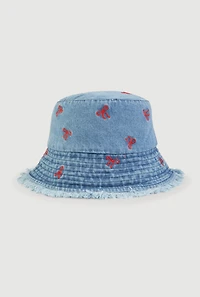 Embroidered Bow Print Frayed Bucket Hat