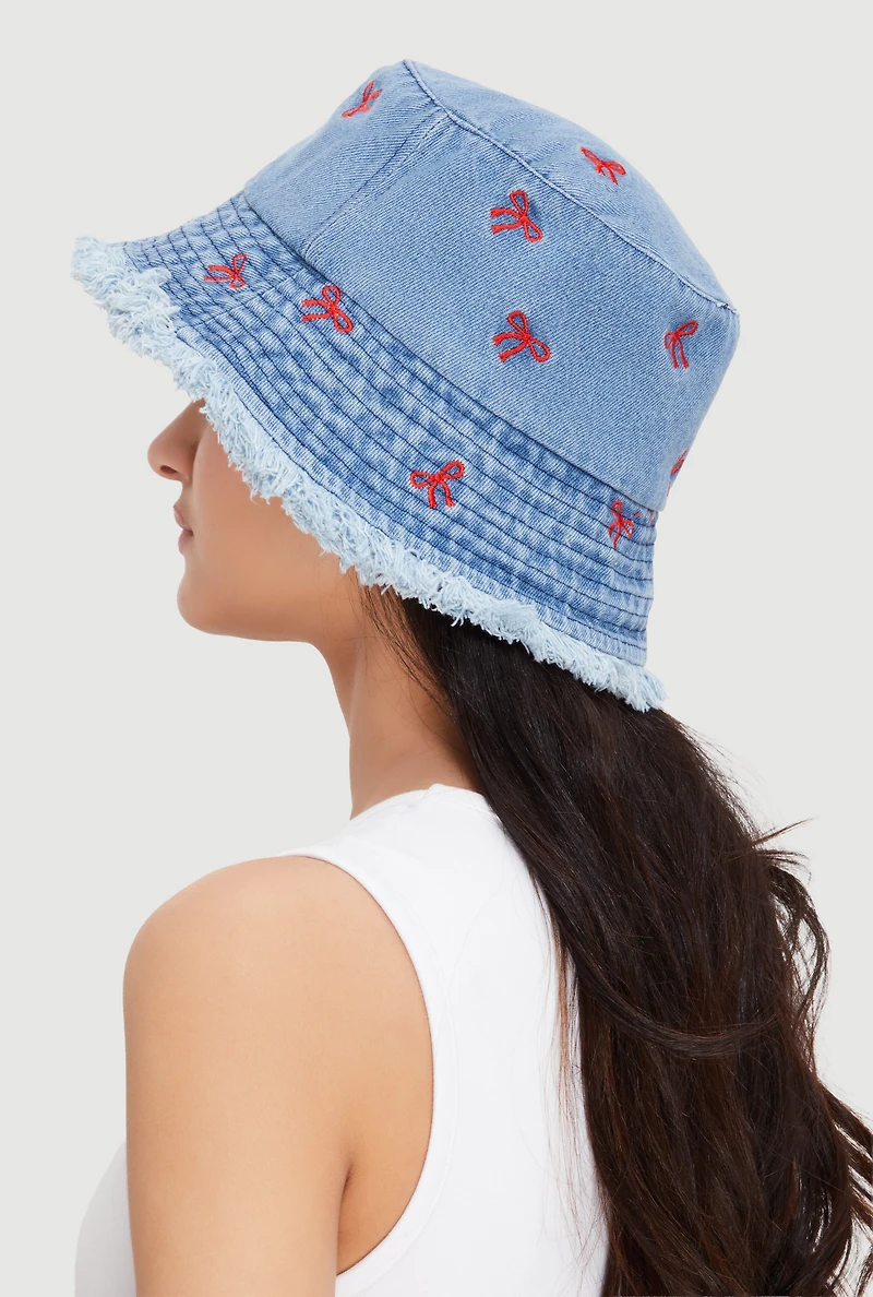 Embroidered Bow Print Frayed Bucket Hat