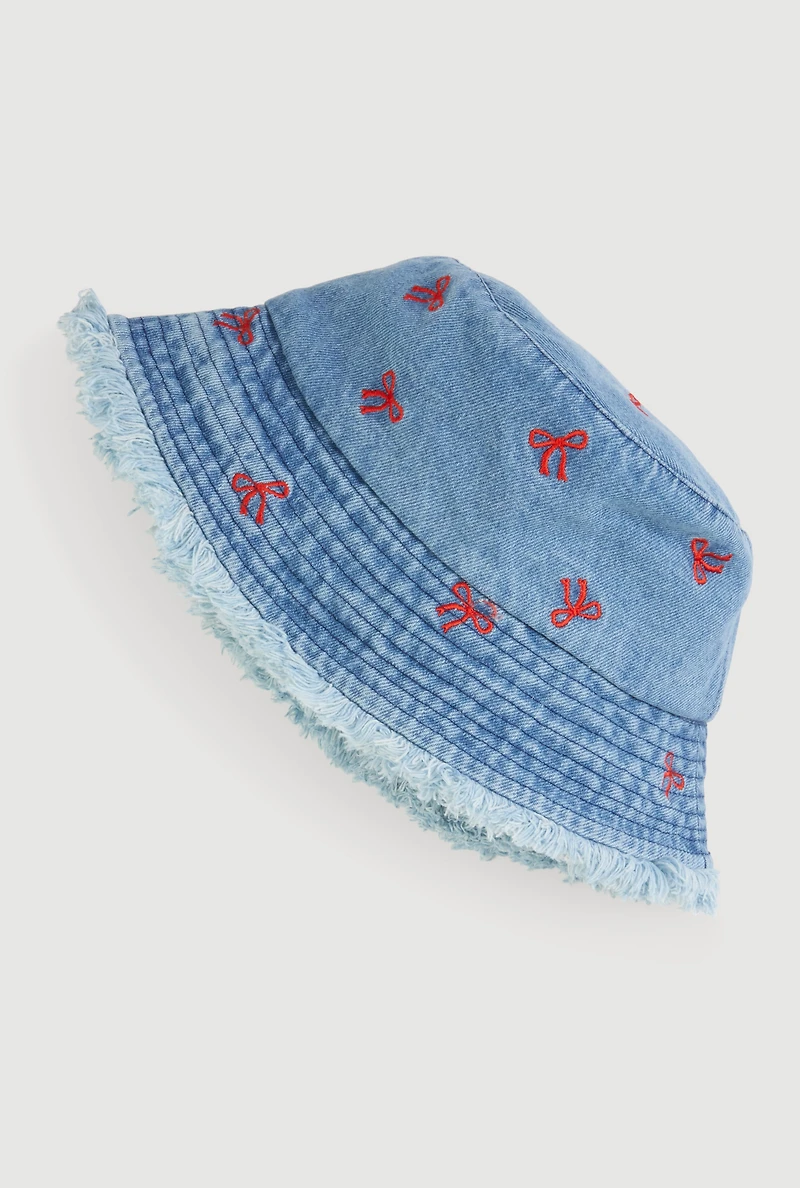 Embroidered Bow Print Frayed Bucket Hat