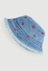 Embroidered Bow Print Frayed Bucket Hat