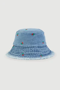 Embroidered Cherry Print Frayed Bucket Hat
