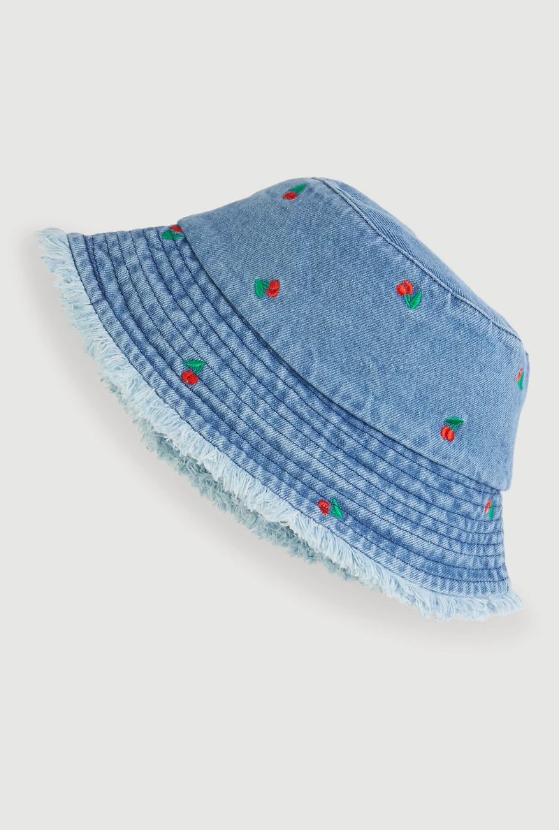 Embroidered Cherry Print Frayed Bucket Hat