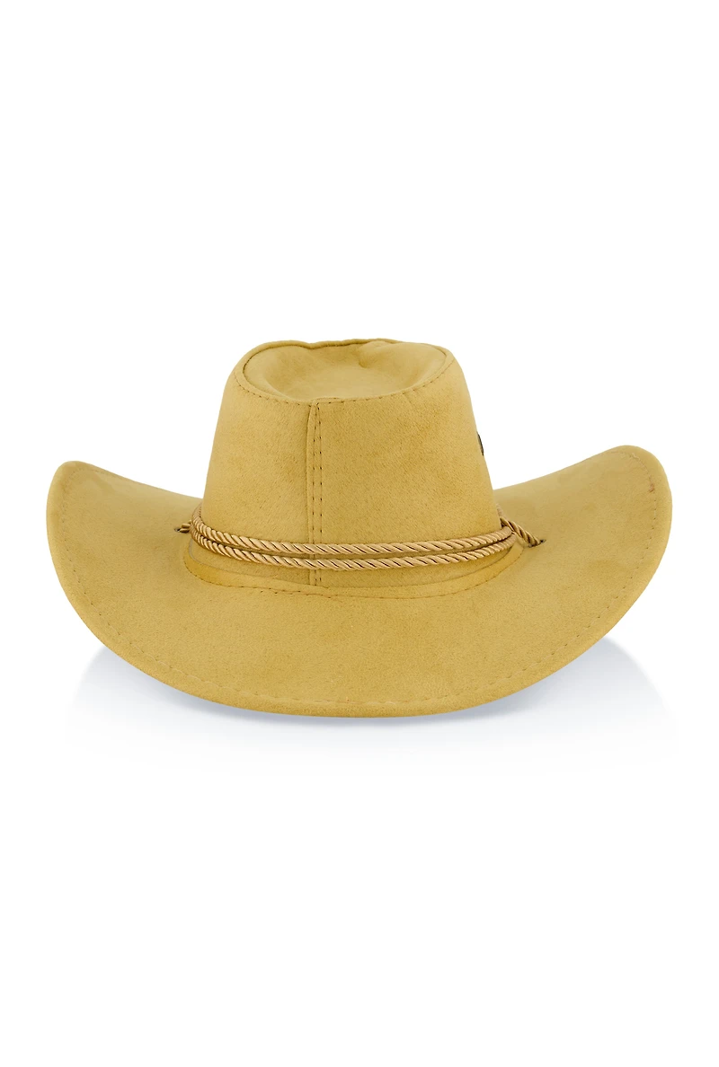 Womens Faux Suede Chin Strap Cowboy Hat, Beige
