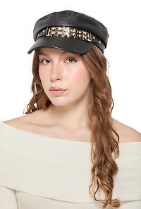 Womens Metallic Rhinestone Detail Cabbie Hat, Black
