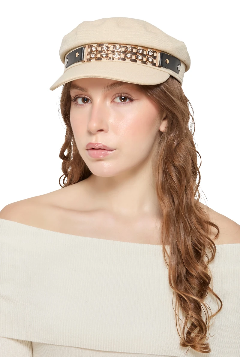 Womens Metallic Rhinestone Detail Cabbie Hat, Beige