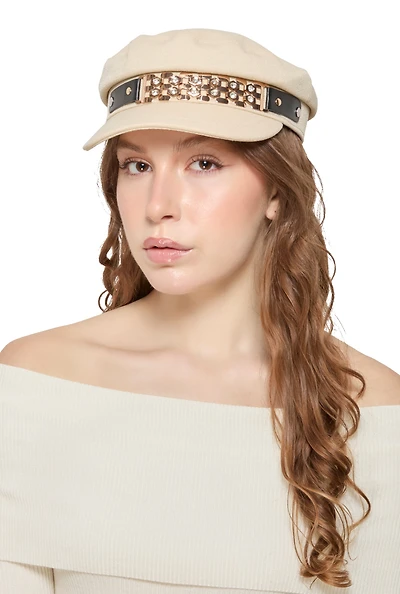 Womens Metallic Rhinestone Detail Cabbie Hat, Beige