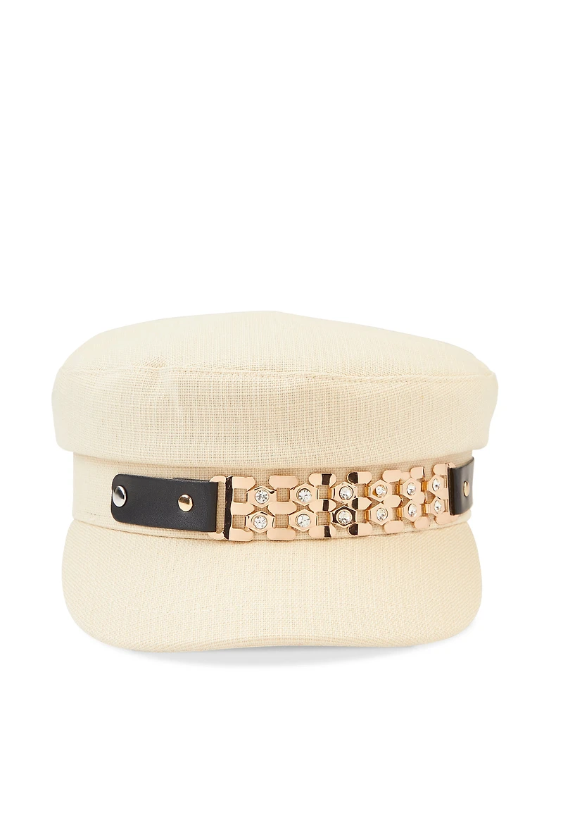 Womens Metallic Rhinestone Detail Cabbie Hat, Beige