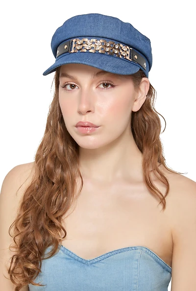Womens Metallic Rhinestone Detail Cabbie Hat, Blue