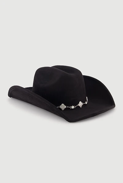 Faux Suede Rhinestone Charm Trim Cowboy Hat