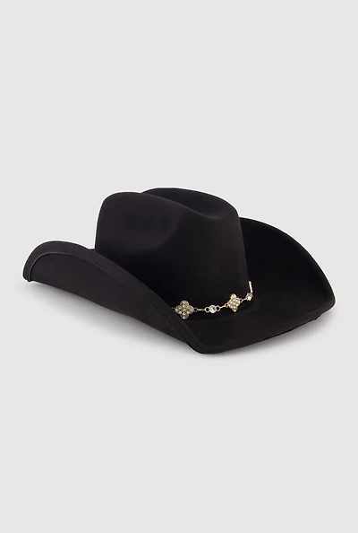 Faux Suede Rhinestone Charm Trim Cowboy Hat