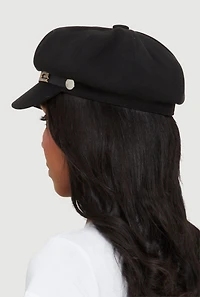 Rhinestone Pendant Faux Leather Trim Cabbie Hat