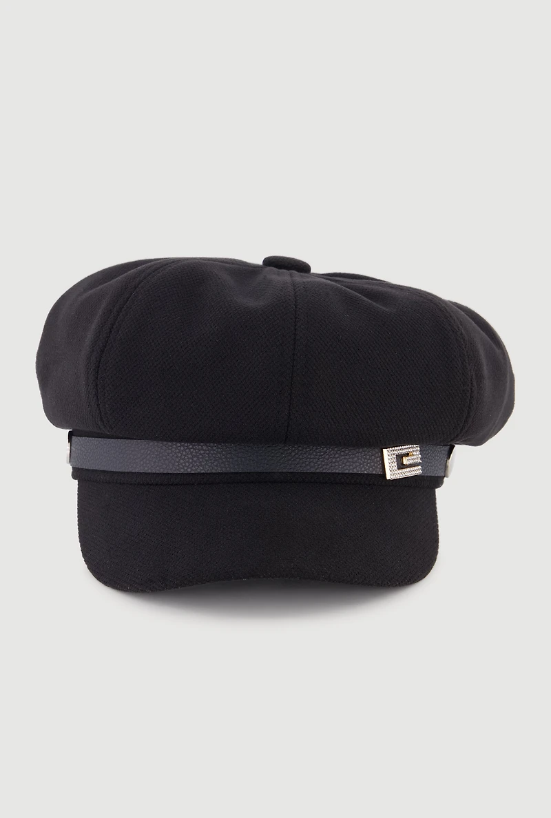 Rhinestone Pendant Faux Leather Trim Cabbie Hat