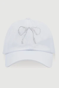 Womens Rhinestone Bow Baseball Cap, White
