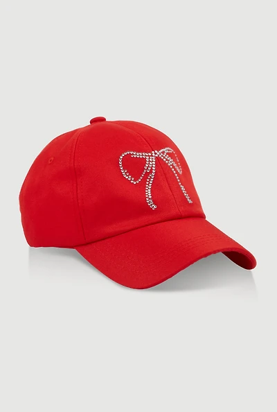 Womens Rhinestone Bow Baseball Cap, Red