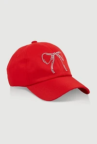 Womens Rhinestone Bow Baseball Cap, Red