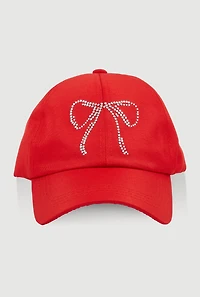 Womens Rhinestone Bow Baseball Cap, Red