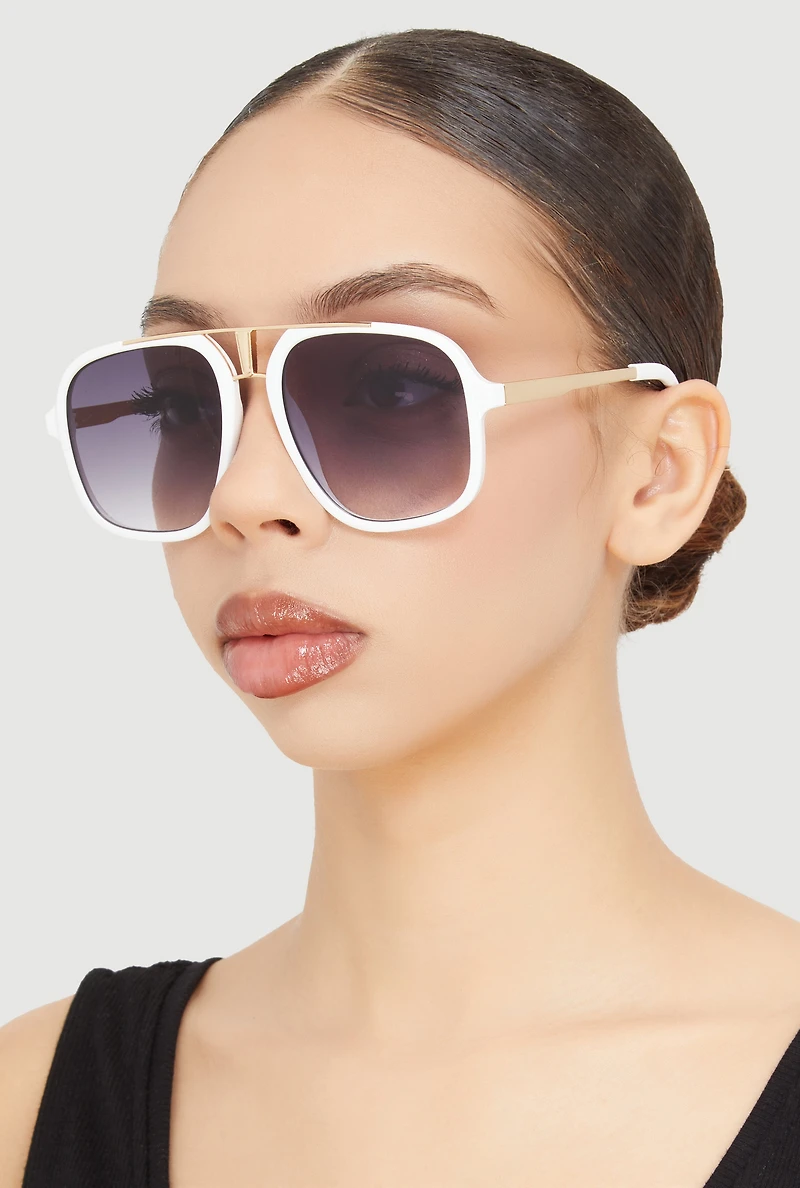 Metallic Double Bridge Aviator Sunglasses
