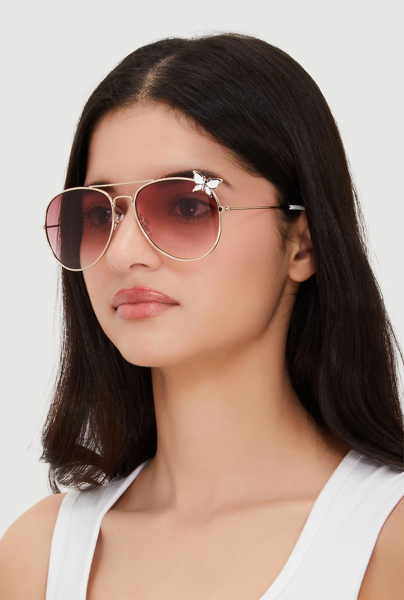 Metallic Butterfly Rim Detail Aviator Sunglasses