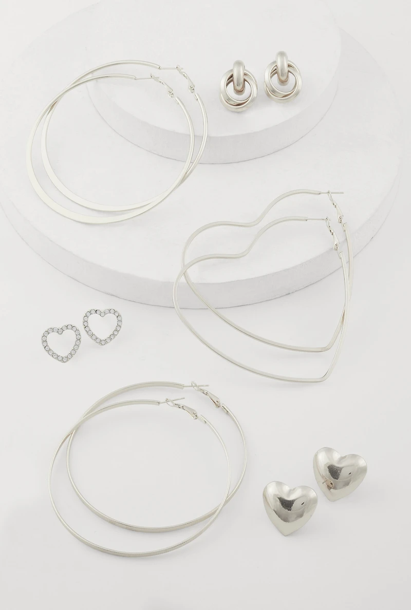 Heart Stud and Hoop Earrings Set of 6