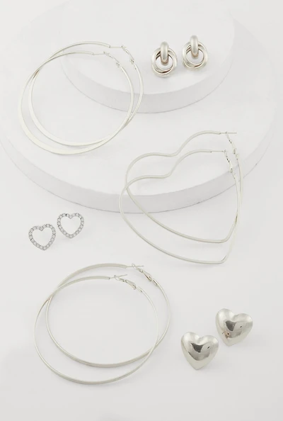 Heart Stud and Hoop Earrings Set of 6