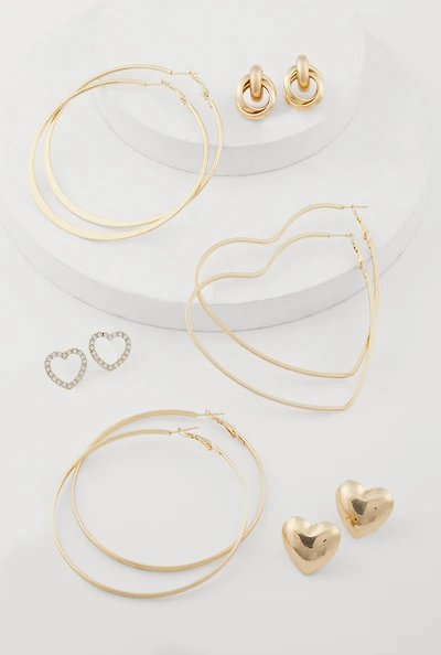 Womens Heart Stud and Hoop Earrings Set of 6, Gold