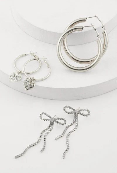 Bow Drop and Hoop Earrings Set of 3