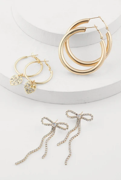 Womens Bow Drop and Hoop Earrings Set of 3, Gold