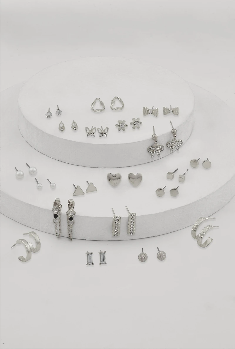 Womens Assorted Earrings Set of 20, Silver