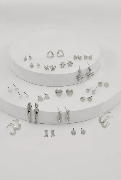 Womens Assorted Earrings Set of 20, Silver