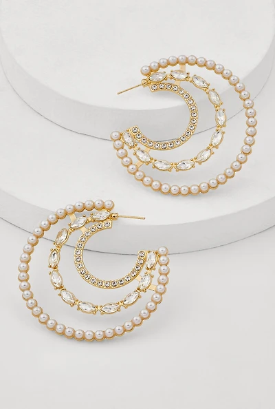Womens Faux Pearl Rhinestone Crescent Moon Earrings, Gold