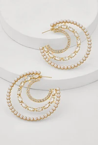 Womens Faux Pearl Rhinestone Crescent Moon Earrings, Gold