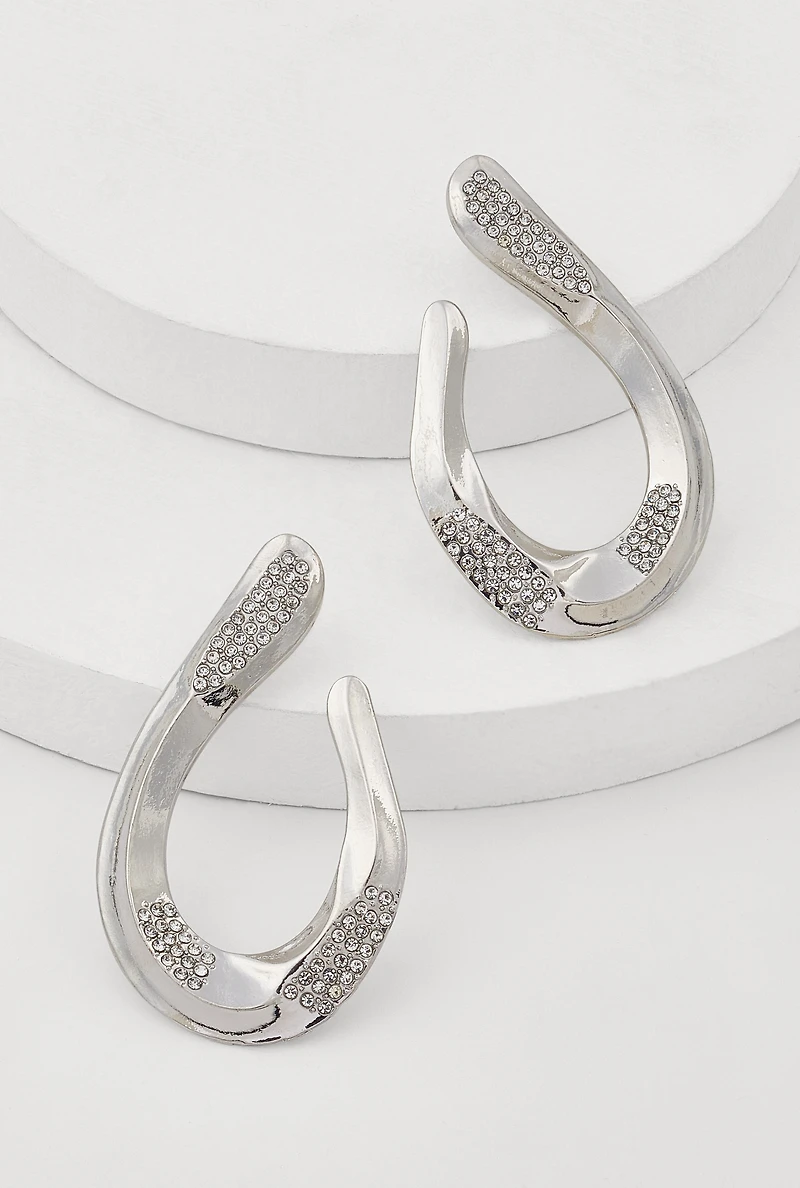 Womens Abstract Rhinestone Studded Hoop Earrings, Silver