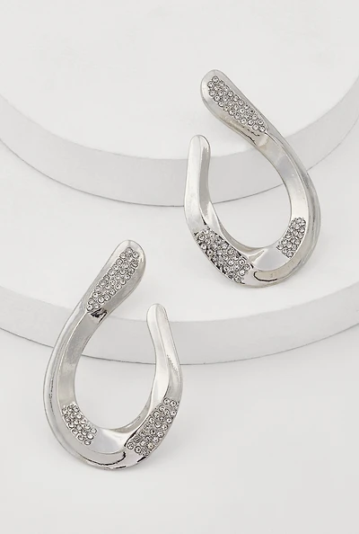Womens Abstract Rhinestone Studded Hoop Earrings, Silver
