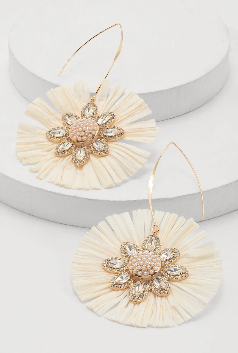 Faux Pearl Rhinestone Studded Raffia Flower Drop Earrings