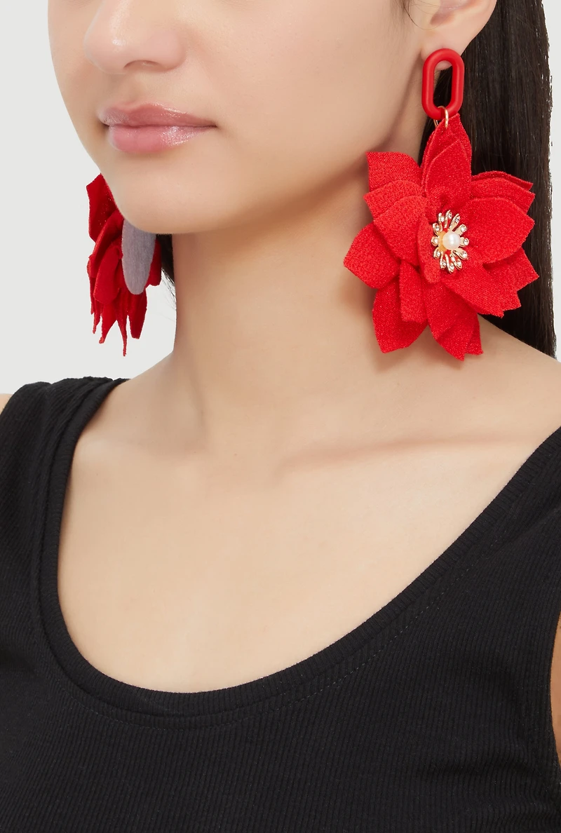 Faux Pearl Rhinestone Flower Drop Earrings