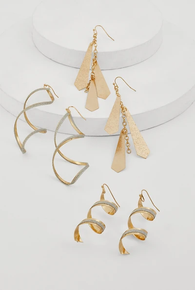 Womens Spiral Geometric Drop Earring Trio,